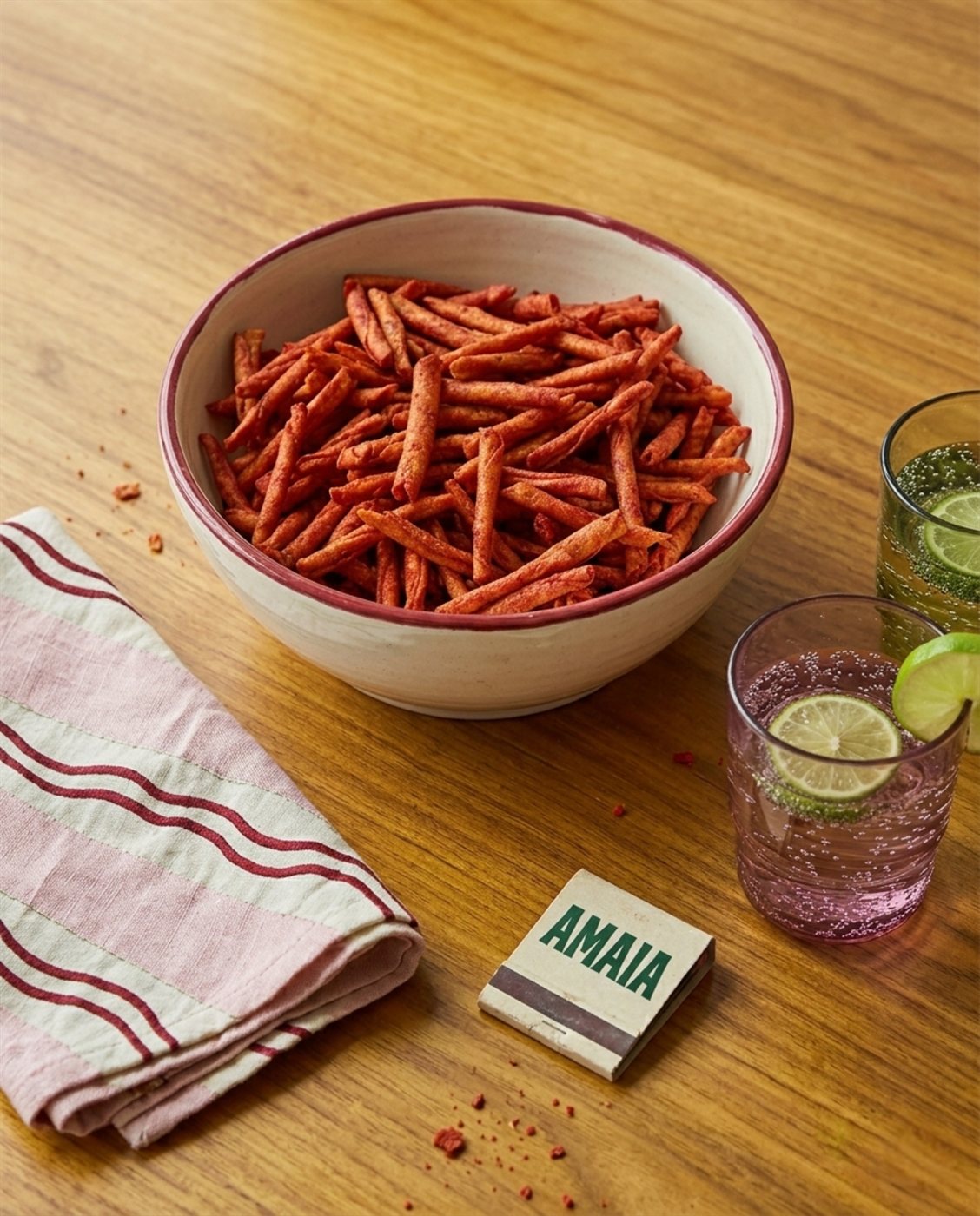 A bowl of AMAIA chili-lime tortilla chips on a wooden table with lime drinks and a napkin