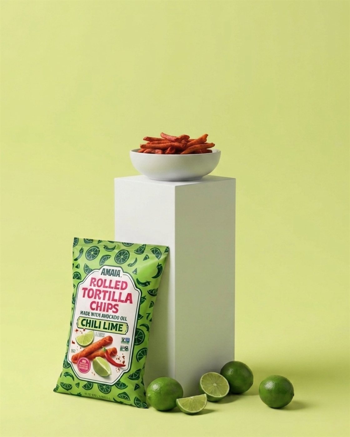 A bag of AMAIA rolled tortilla chips on a pedestal beside a bowl of chips and fresh limes