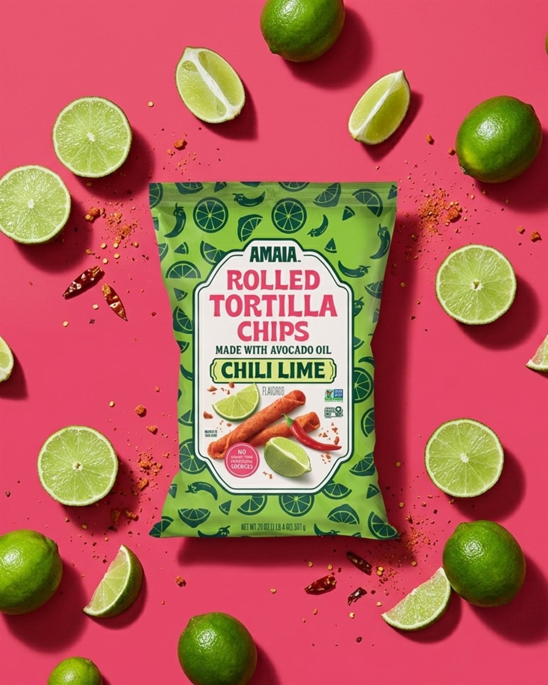 A bag of AMAIA chili-lime rolled tortilla chips surrounded by fresh limes on a pink background